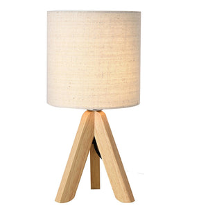 Wood Grain Tripod Table Lamp with Fabric Shade, Dimmable Button Control & E26/E27 Bulb MJ008