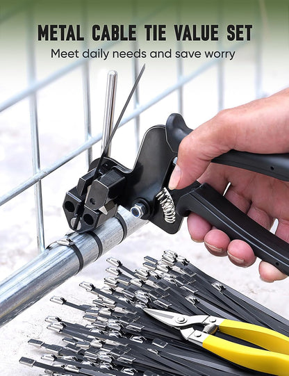 150-Piece Black Stainless Steel Metal Zip Ties 11.8" with Cable Tie Gun, Cutting Tool &amp; 200 lb Heavy-Duty Cable Ties&nbsp; MZT150