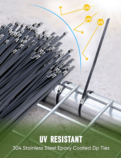 150-Piece Black Stainless Steel Metal Zip Ties 11.8" with Cable Tie Gun, Cutting Tool &amp; 200 lb Heavy-Duty Cable Ties&nbsp; MZT150