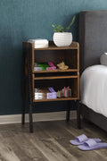 Stackable rustic wood and metal nightstand in bedroom
Industrial bedside table with black metal legs
Dual-tier MDF nightstand in modern space
Wooden nightstand stacked for storage
Compact rustic nightstand for small room