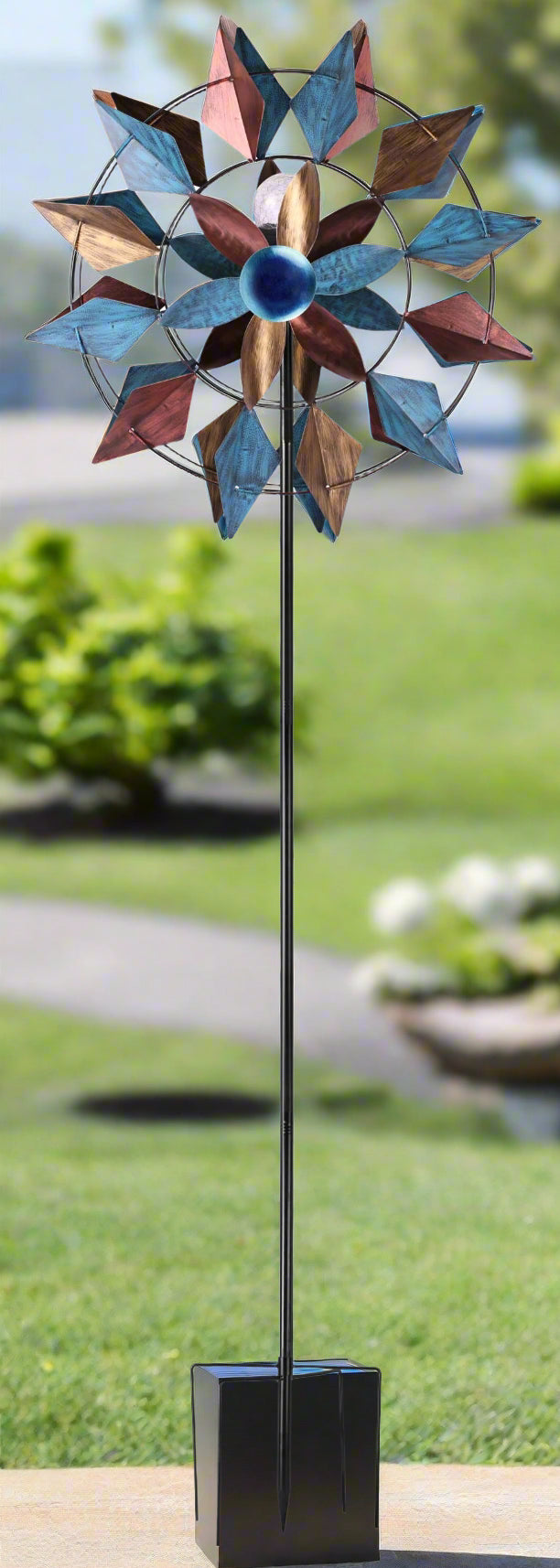 Solar metal wind spinner with LED light glowing in garden
Dual-blade kinetic wind spinner for patio and flower bed
Decorative garden stake spinner with stable base
Solar-powered wind spinner during daytime
Outdoor spinner LED kinetic sculpture
