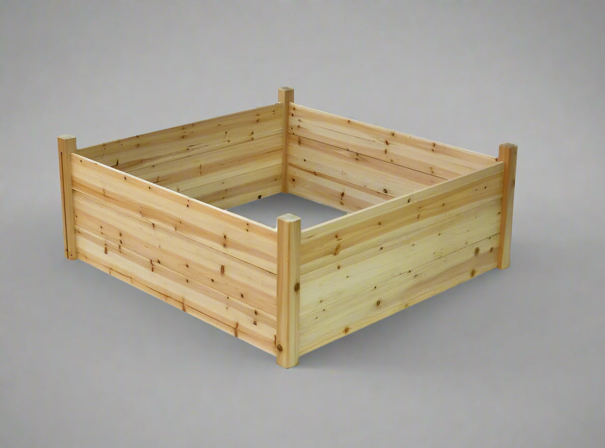 Raised wooden planter box 48x48x19 inches

Assembled garden bed in outdoor setup

Elevated wooden raised bed with soil

Planter box filled with vegetables

Easy slide-in dovetail joint design
