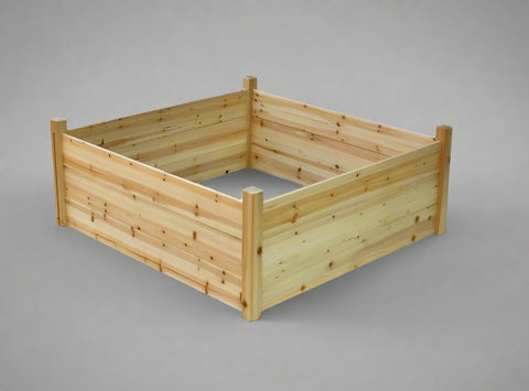 Raised wooden planter box 48x48x19 inches

Assembled garden bed in outdoor setup

Elevated wooden raised bed with soil

Planter box filled with vegetables

Easy slide-in dovetail joint design