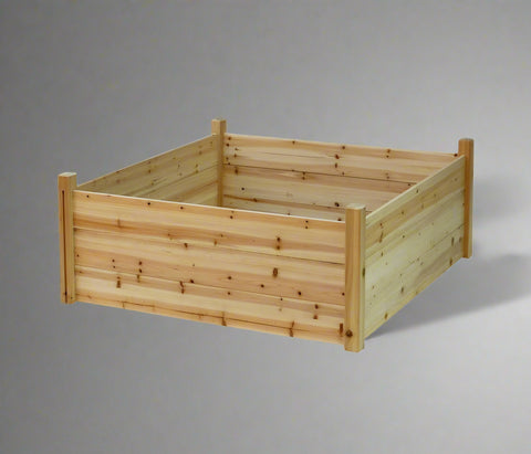 Raised wooden planter box 48x48x19 inches

Assembled garden bed in outdoor setup

Elevated wooden raised bed with soil

Planter box filled with vegetables

Easy slide-in dovetail joint design