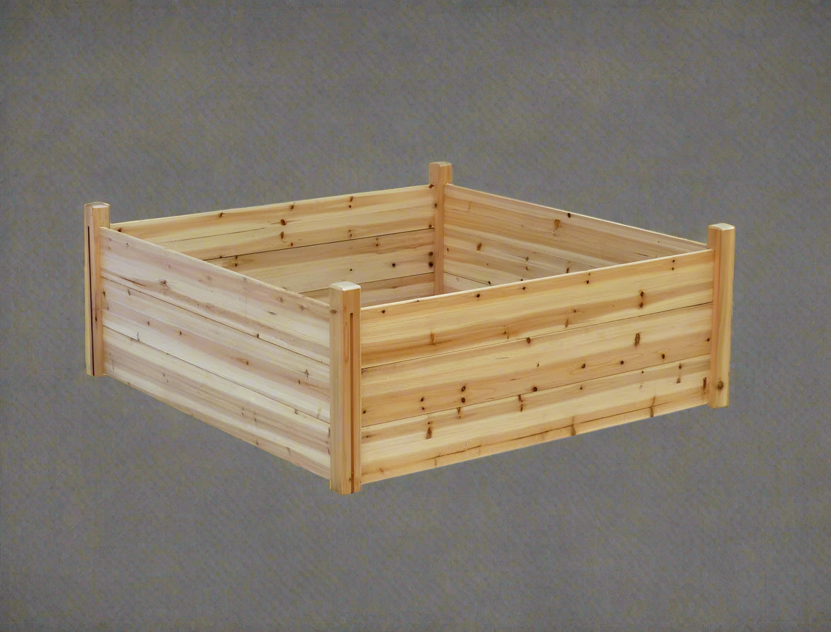 Raised wooden planter box 48x48x19 inches

Assembled garden bed in outdoor setup

Elevated wooden raised bed with soil

Planter box filled with vegetables

Easy slide-in dovetail joint design