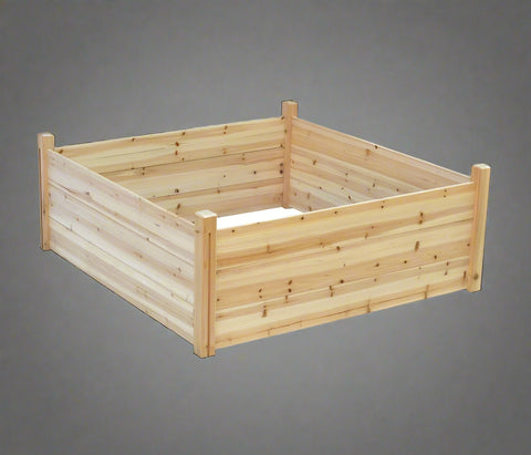 Raised wooden planter box 48x48x19 inches

Assembled garden bed in outdoor setup

Elevated wooden raised bed with soil

Planter box filled with vegetables

Easy slide-in dovetail joint design