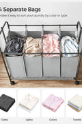 4-bag laundry sorter with hanging rail front view
laundry cart in modern laundry room
removable hanging laundry bags
side view of laundry hamper with wheels
hanging clothes on laundry rail