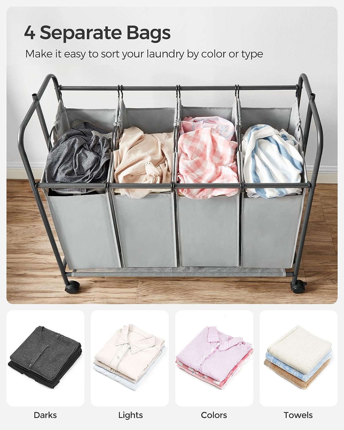 4-bag laundry sorter with hanging rail front view
laundry cart in modern laundry room
removable hanging laundry bags
side view of laundry hamper with wheels
hanging clothes on laundry rail