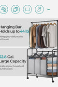 4-bag laundry sorter with hanging rail front view
laundry cart in modern laundry room
removable hanging laundry bags
side view of laundry hamper with wheels
hanging clothes on laundry rail