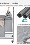 4-bag laundry sorter with hanging rail front view
laundry cart in modern laundry room
removable hanging laundry bags
side view of laundry hamper with wheels
hanging clothes on laundry rail
