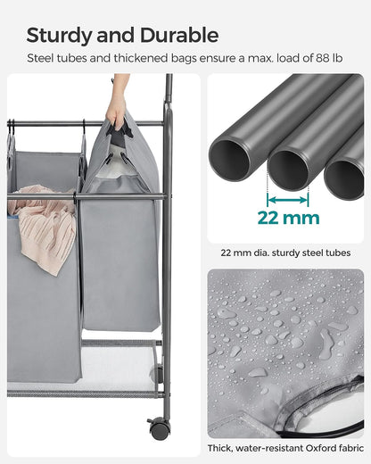 4-bag laundry sorter with hanging rail front view
laundry cart in modern laundry room
removable hanging laundry bags
side view of laundry hamper with wheels
hanging clothes on laundry rail