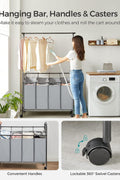 4-bag laundry sorter with hanging rail front view
laundry cart in modern laundry room
removable hanging laundry bags
side view of laundry hamper with wheels
hanging clothes on laundry rail