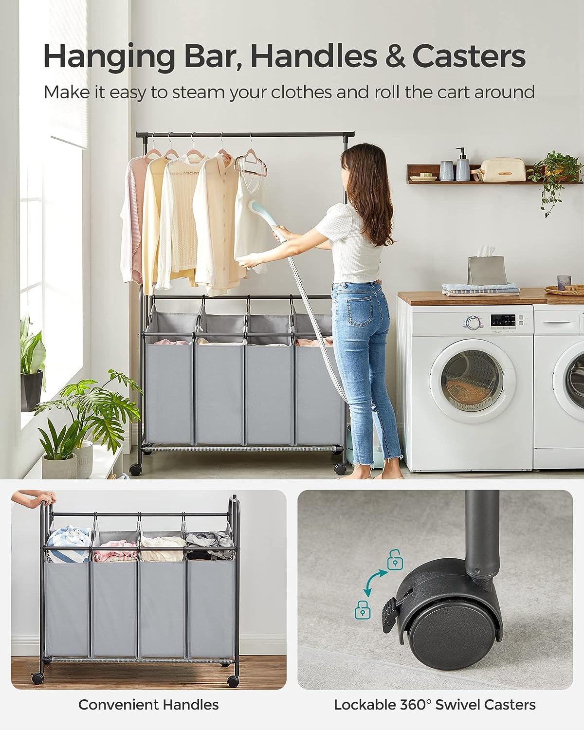 4-bag laundry sorter with hanging rail front view
laundry cart in modern laundry room
removable hanging laundry bags
side view of laundry hamper with wheels
hanging clothes on laundry rail