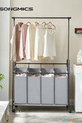 4-bag laundry sorter with hanging rail front view
laundry cart in modern laundry room
removable hanging laundry bags
side view of laundry hamper with wheels
hanging clothes on laundry rail
