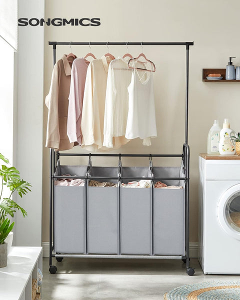 4-bag laundry sorter with hanging rail front view
laundry cart in modern laundry room
removable hanging laundry bags
side view of laundry hamper with wheels
hanging clothes on laundry rail