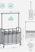 4-bag laundry sorter with hanging rail front view
laundry cart in modern laundry room
removable hanging laundry bags
side view of laundry hamper with wheels
hanging clothes on laundry rail
