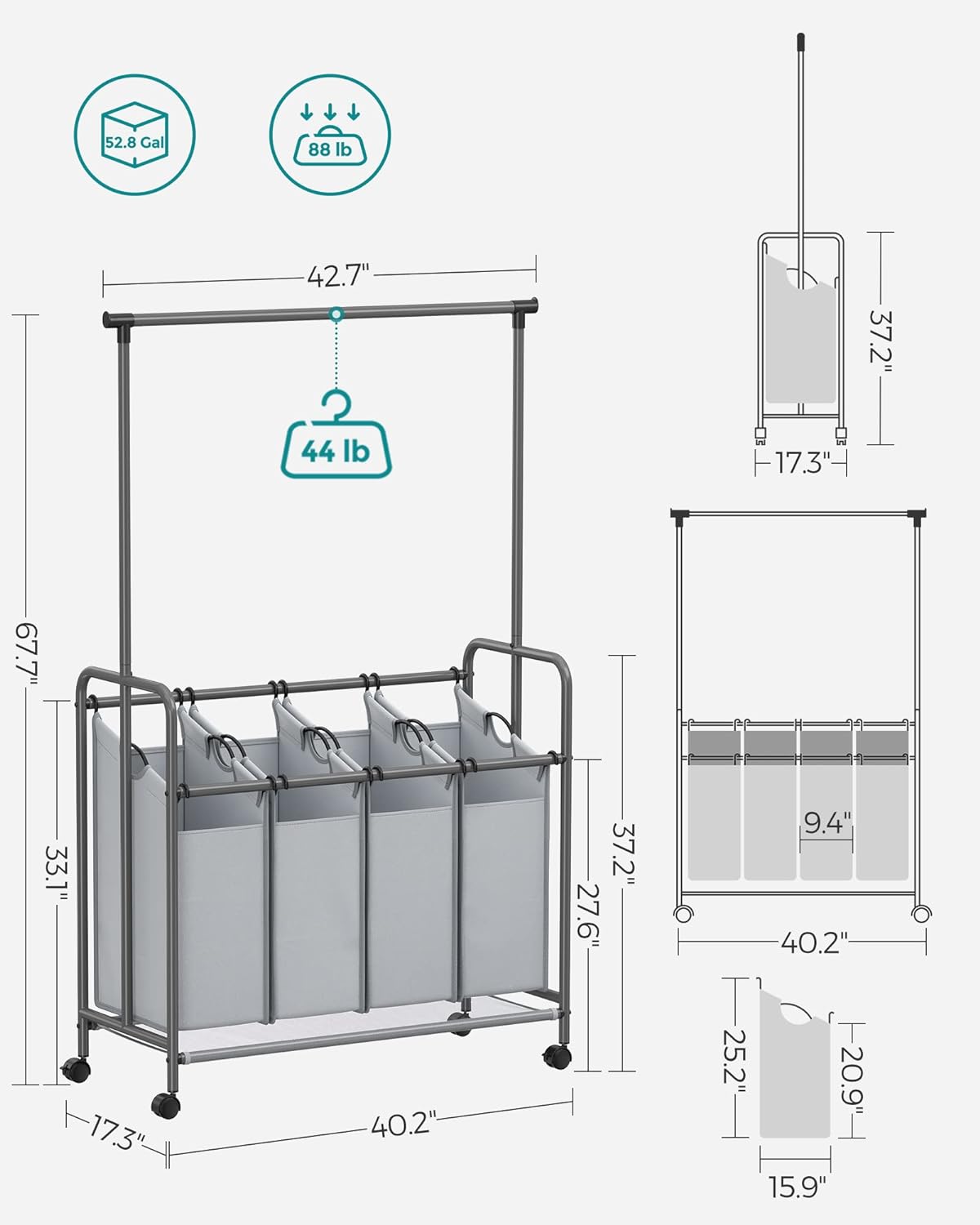 4-bag laundry sorter with hanging rail front view
laundry cart in modern laundry room
removable hanging laundry bags
side view of laundry hamper with wheels
hanging clothes on laundry rail
