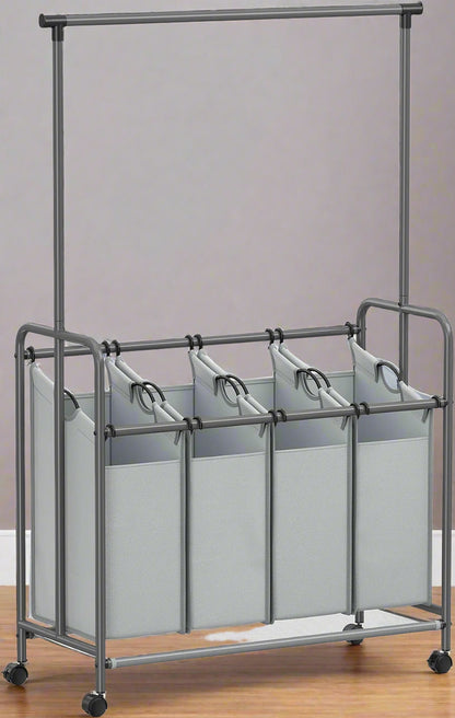 4-bag laundry sorter with hanging rail front view
laundry cart in modern laundry room
removable hanging laundry bags
side view of laundry hamper with wheels
hanging clothes on laundry rail