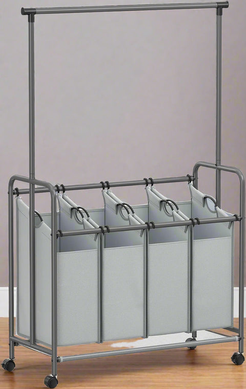 4-bag laundry sorter with hanging rail front view
laundry cart in modern laundry room
removable hanging laundry bags
side view of laundry hamper with wheels
hanging clothes on laundry rail