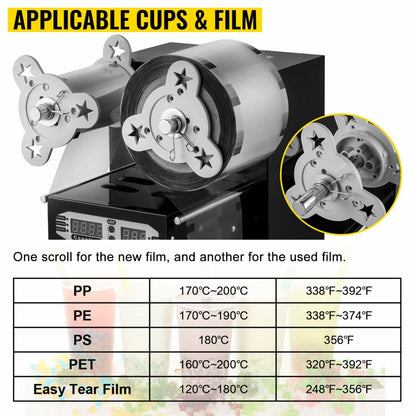 Commercial automatic bubble tea cup sealer front view

Side view of AC-powered boba cup sealing machine

Fully assembled sealing machine with control panel

Cup sealing process in progress

Commercial tea shop setup with sealing machine