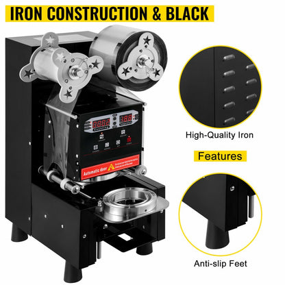 Commercial automatic bubble tea cup sealer front view

Side view of AC-powered boba cup sealing machine

Fully assembled sealing machine with control panel

Cup sealing process in progress

Commercial tea shop setup with sealing machine
