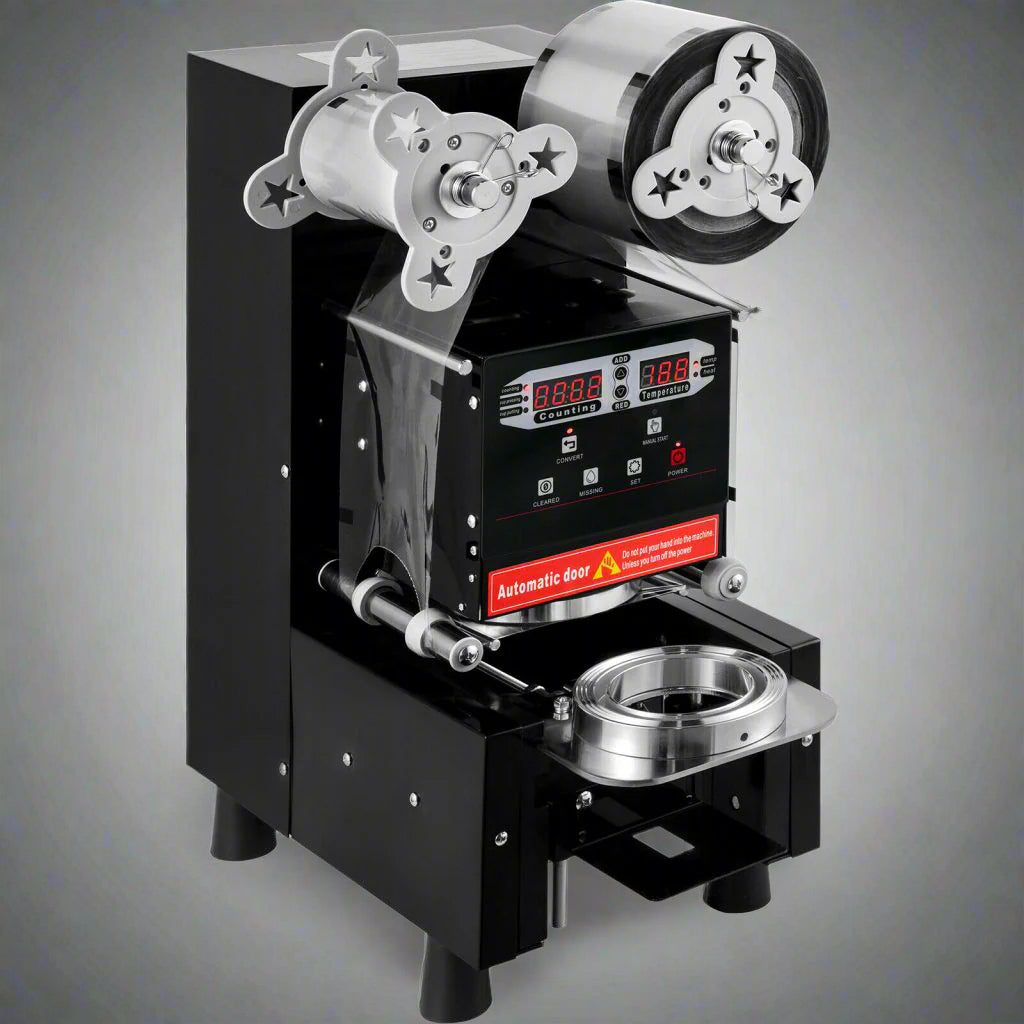 Commercial automatic bubble tea cup sealer front view

Side view of AC-powered boba cup sealing machine

Fully assembled sealing machine with control panel

Cup sealing process in progress

Commercial tea shop setup with sealing machine