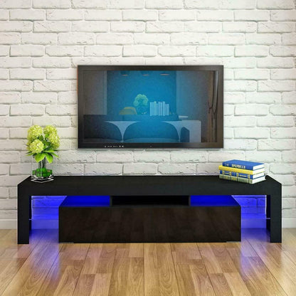 High Gloss White LED TV Stand with Remote Lighting and Storage Shelves for Modern Living Rooms