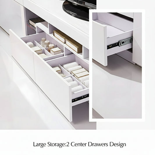 High Gloss White LED TV Stand with Remote Lighting and Storage Shelves for Modern Living Rooms
