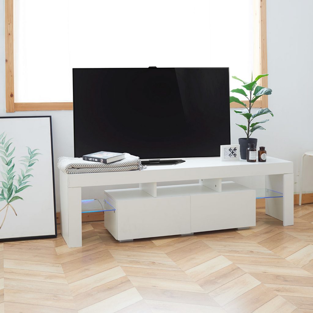 High Gloss White LED TV Stand with Remote Lighting and Storage Shelves for Modern Living Rooms
