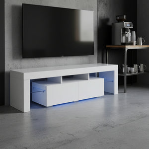 High Gloss White LED TV Stand – Modern Entertainment Center with Storage Shelves & Remote-Controlled Lights