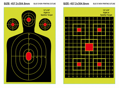 Splatter Shooting Targets 25-Pack High Visibility Reactive Paper Targets 12"x18" & 12"x12" SPTVR