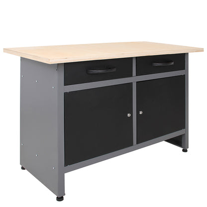 48" x 24" Steel Workbench with 2 Drawers & Double Door Storage Cabinet, 33.5" Height Wooden Top Heavy Duty Garage Bench TC006