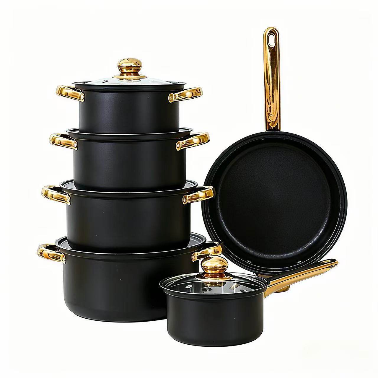 Black 12-Piece Stainless Steel Cookware Set Non-Stick Pots & Pans with Glass Lids TKDQ16