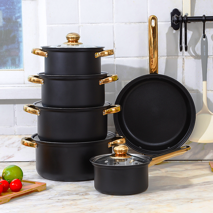 Black 12-Piece Stainless Steel Cookware Set Non-Stick Pots & Pans with Glass Lids TKDQ16