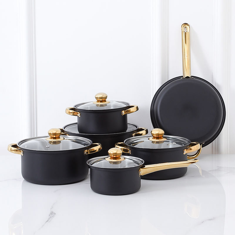 Black 12-Piece Stainless Steel Cookware Set Non-Stick Pots & Pans with Glass Lids TKDQ16