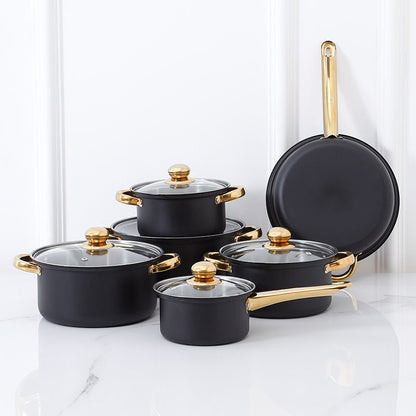 Black 12-Piece Stainless Steel Cookware Set Non-Stick Pots & Pans with Glass Lids TKDQ16
