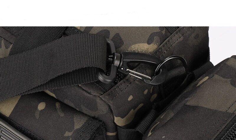 Black tactical backpack front view with MOLLE system and straps

Compact hiking backpack for camping and survival gear

Side view of military tactical backpack with rugged zippers

Outdoor travel backpack with padded shoulder straps

MOLLE-compatible tactical bag for hiking, trekking, and everyday use