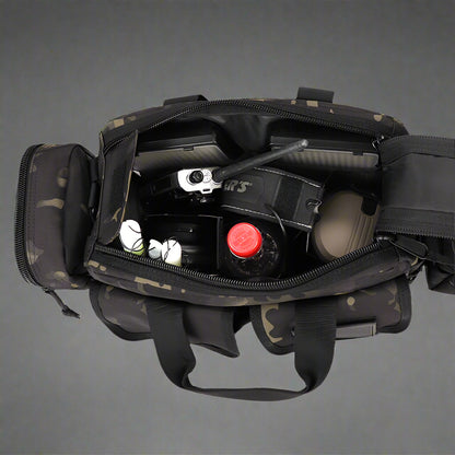 Black tactical backpack front view with MOLLE system and straps

Compact hiking backpack for camping and survival gear

Side view of military tactical backpack with rugged zippers

Outdoor travel backpack with padded shoulder straps

MOLLE-compatible tactical bag for hiking, trekking, and everyday use