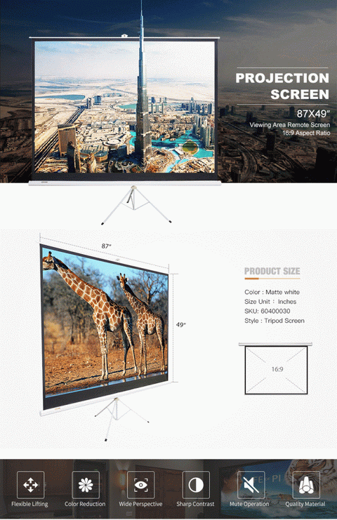100 inch tripod pull-up projector screen with 16:9 aspect ratio
TS100 portable projector screen setup for outdoor use
Projector screen for classroom and business presentations
Matte white tripod screen with black masking borders
TS100 projection screen portable setup with stand