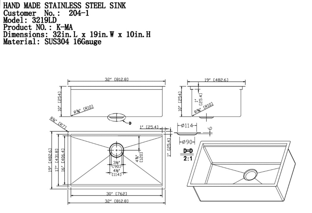 NEW 32" Single Bowl Drop-In Stainless Steel Sink 3219LD