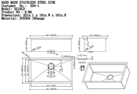 NEW 32" Single Bowl Drop-In Stainless Steel Sink 3219LD