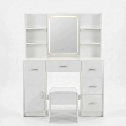 Vanity Desk with Lighted Mirror Stool & Storage Drawers White 42.5" VAN140