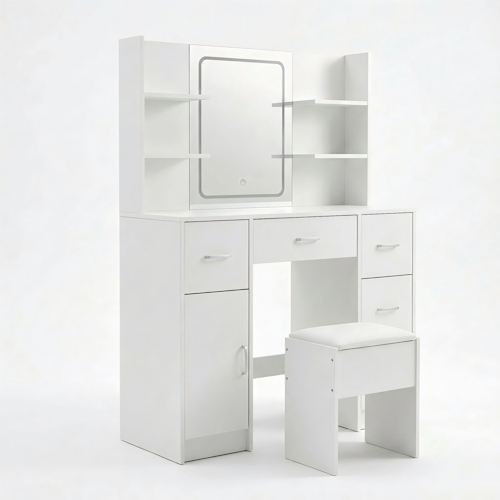 Vanity Desk with Lighted Mirror Stool & Storage Drawers White 42.5" VAN140