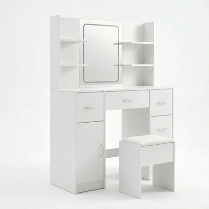 Vanity Desk with Lighted Mirror Stool & Storage Drawers White 42.5" VAN140