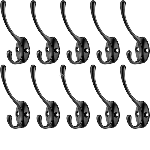 Heavy Duty Wall Mounted Coat Hooks 10-Pack Metal Double Hooks HOK10