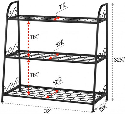 3-tier metal plant stand with potted plants in living room
Black powder-coated plant rack used indoors
Metal flower shelf displayed on outdoor patio
Sturdy decorative stand with three storage tiers
Compact garden shelf holding flowers and décor items
Close-up of black metal frame and assembly