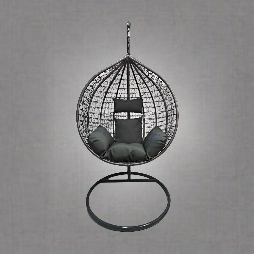 Egg Chair Swing on Patio with Gray Cushion

Hanging Egg Chair with Stand – Outdoor Setup

Egg Chair Basket Frame Close-Up

Dark Gray Cushion Detail

Indoor Setup of Egg Hammock Chair