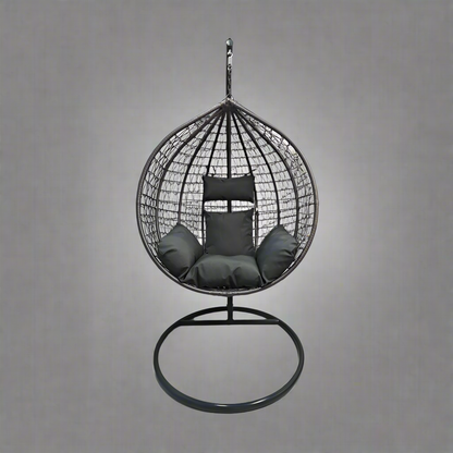 Egg Chair Swing on Patio with Gray Cushion

Hanging Egg Chair with Stand – Outdoor Setup

Egg Chair Basket Frame Close-Up

Dark Gray Cushion Detail

Indoor Setup of Egg Hammock Chair