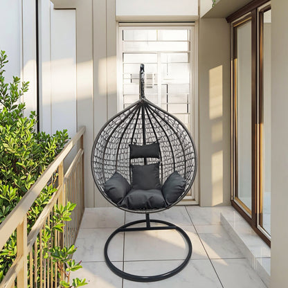 Egg Chair Swing on Patio with Gray Cushion

Hanging Egg Chair with Stand – Outdoor Setup

Egg Chair Basket Frame Close-Up

Dark Gray Cushion Detail

Indoor Setup of Egg Hammock Chair