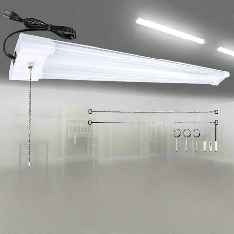 LED tube work light with plug-and-play chain
Linkable LED garage light mounted on ceiling
White 40W LED tube with pull chain switch
Shop light showing 200 LED panel
Multiple 40W LED fixtures installed in workshop